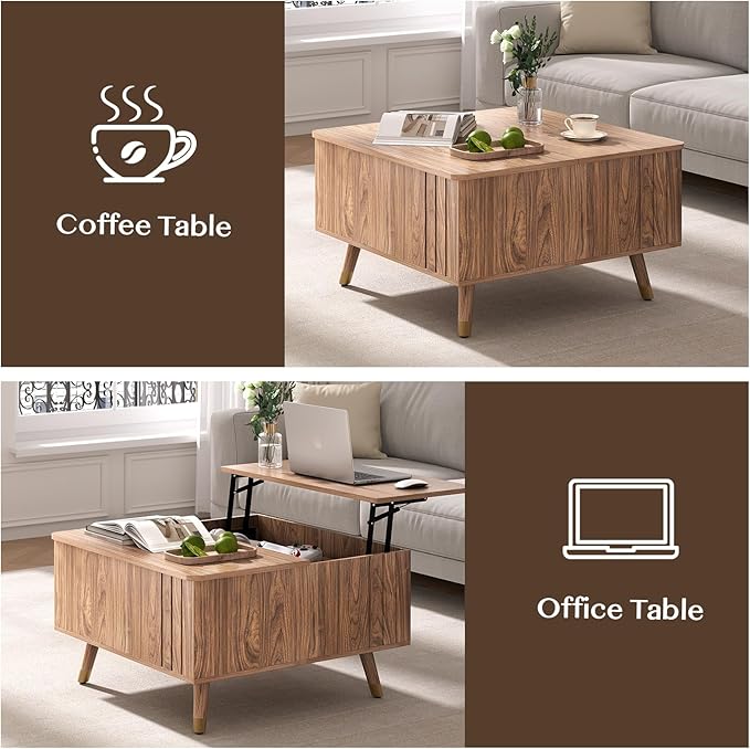 32" Square Lift Top Coffee Table with Storage,Mid Century Modern Walnut Center Table with Rising Desktop for Living Room, Brown Wood Finish