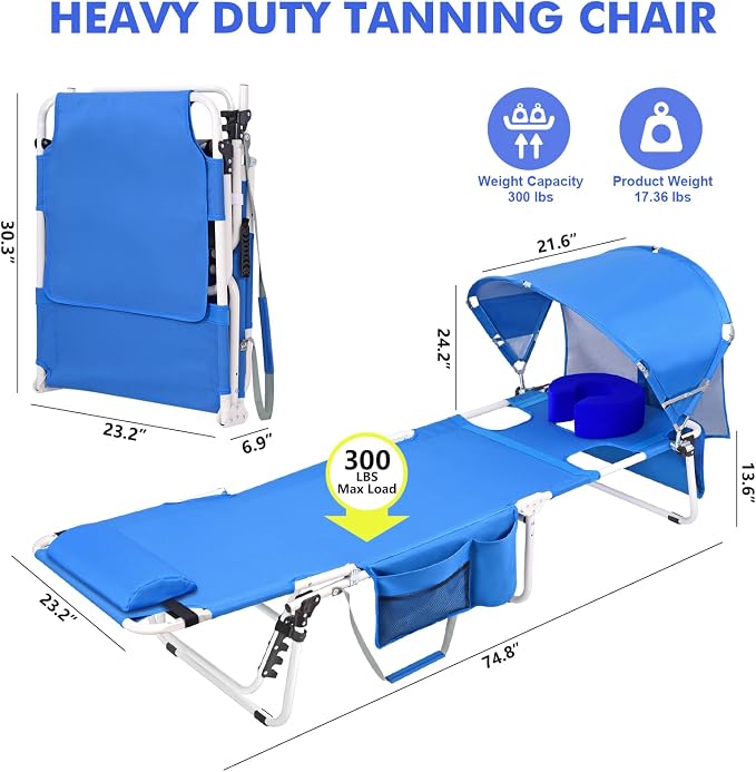Tanning Chair with Sun Canopy Face Hole Softer Padded Adjustable Washable, Heavy Duty Layout Folding Lounge Chair for Adults Outside Beach Reading Sunbathing Poolside Lawn, UPF 50+ Sun Shade, 300 LBS