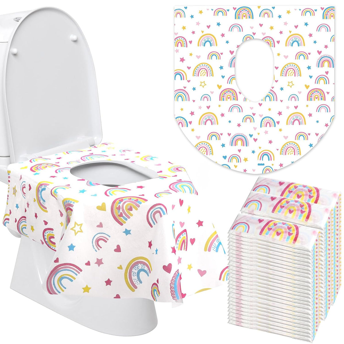 50 Packs Disposable Toilet Seat Covers Extra Large Individually Wrapped for Kids and Adults, Portable Non Slip Waterproof Potty Seat Covers for Toddlers Potty Training, Travel (Rainbow)