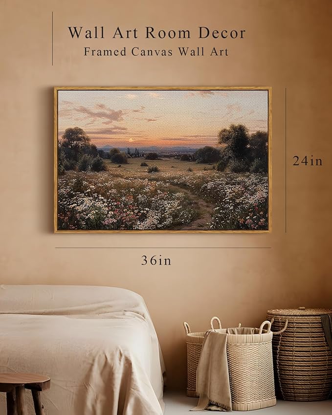 InSimSea Framed Canvas Prints Vintage Decor, Sunset Flower Field Landscape Paintings Wall Art, Large Countryside Farmhouse Hanging Wall Decor for Living Room Bedroom, 24x36inch