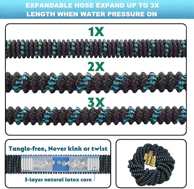 100 ft Expandable Garden Hose - Kink Free Flexible Water Hose 100ft with 10 Pattern Spray Nozzle, 3/4 Solid Brass Connectors, Retractable Latex Core - Lightweight Expanding Hose