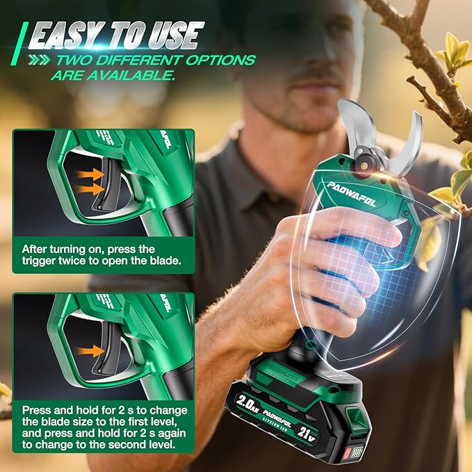Electric Pruning Shears, 2.1" (54mm) Cutting Diameter Cordless Electric Scissors with LCD Display, 21V Brushless Motor Branch Cutter with 2 PCS Rechargeable 2000mAh Batteries & 2 Blades (Green)