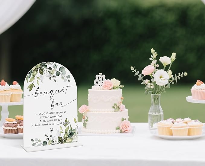 Wedding Signs for Reception, Green Leaves Bouquet Bar Sign, Wedding Reception Signage, Bridal Shower Table Decorations with Base, Bouquet Bar Supplies for Bridal Shower Events and Ceremony, 05