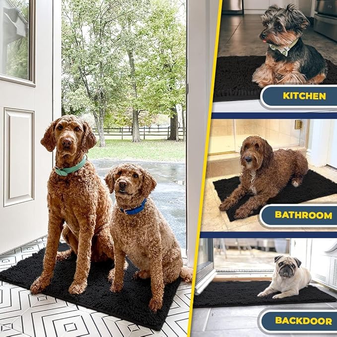 Muddy Mat® | Super Water Absorbent Door Mat Indoor, Microfiber Quick Dry Chenille Entryway Rug, Slip Resistant Front Door Mat, Indoor Mats for Entryway, Machine Washable Pet Rug, Black 28"x18"