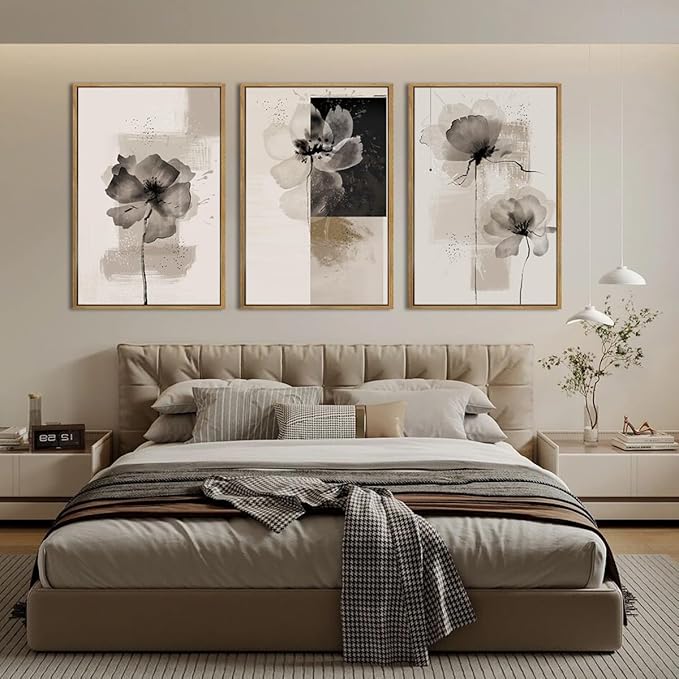 IARTTOP Large Framed Neutral Abstract Wall Art 24x36 Inch Oversized Modern Beige Gray Floral Canvas Wall Decor Minimalist White Flower Art Prints for Living room Bedroom Set of 3