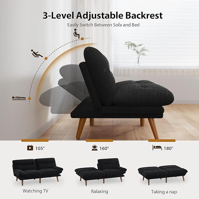 Pipishell Futon Sofa Bed, 66 Inch Corduroy Futon Couch Convertible with Adjustable Backrest and Armrests, Recliner Sleeper Sofa for Small Spaces, Living Room, Office, Guest Room (Black, 66 Inch)