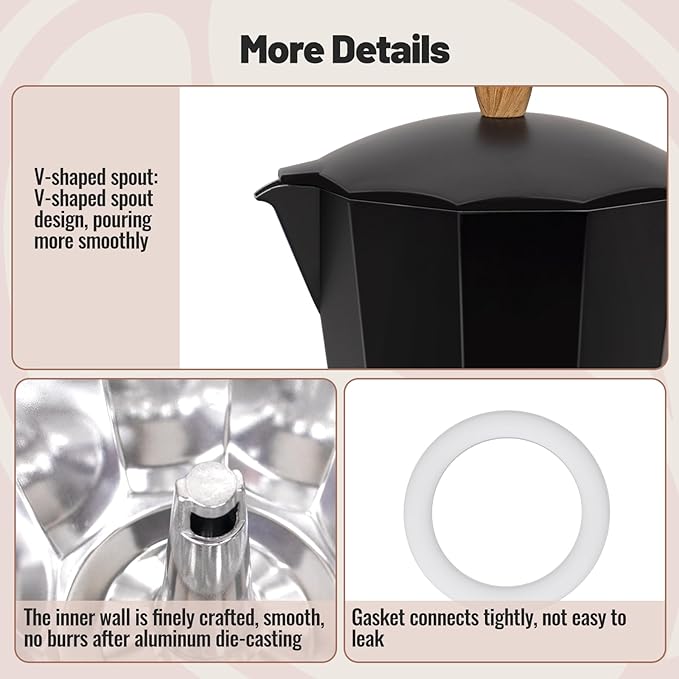 6 Cup Aluminum Moka Pot Classic Stovetop Espresso Coffee Maker 300ml 10oz Coffeemaker Percolator Mocha Pot Greca Coffee Maker Cafe Makers for Italian and Cuban Café Brewing Black