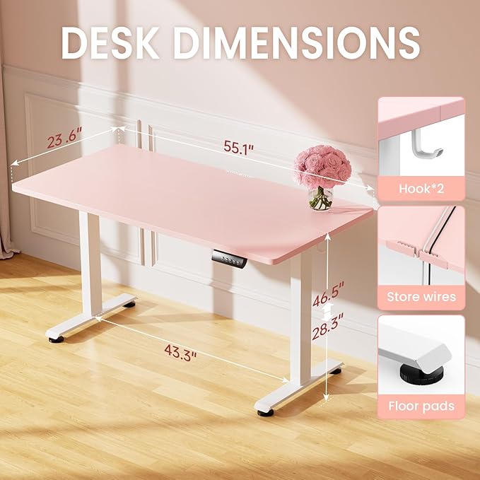 Veken 55 Inch Large Electric Standing Desk, 4 Memory Heights Adjustable,Sit to Stand Up, Work Home Office Computer Table for Study, Walking Pad, Writing, and Games, Wooden Desktop Desks, Pink