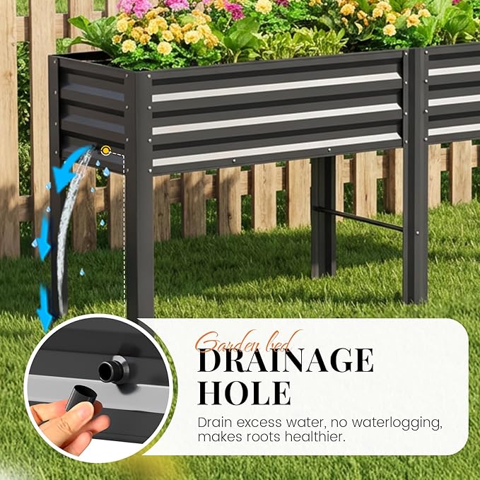 KING BIRD Raised Garden Bed with Legs & Water Storage Tank Galvanized Elevated Planter Box 80×17×31.5 in for Backyard, Patio, Balcony, 500lb Capacity, Dark Grey