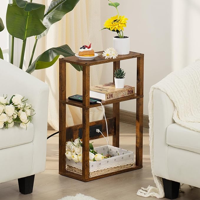 3-Tier Small Narrow Wood Side Table with Charging Station, Skinny Nightstand for Small Space, Slim Bedside Table with Storage for Couch, Thin End Table with USB Ports and Outlets, Rustic Brown
