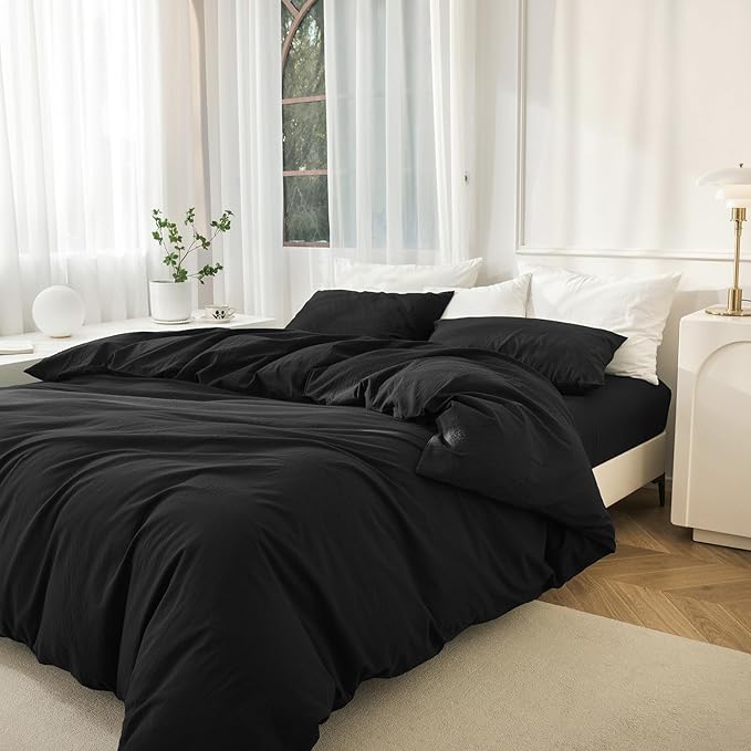 JIYUAN 100% Washed Cotton Duvet Cover Set 3 Pieces Super King, 1 Duvet Cover 108x98 Inches(Comforter Not Included) and 2 Pillowcases,Linen Feel Bedding Set Comfy and Breathable,Black