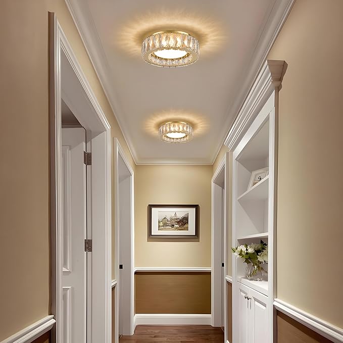 Crystal Gold Flush Mount Ceiling Light Fixture,Dimmable LED 5CCT 3000K-6000K Chandelier,11 Inch Modern Small 24W Round Lighting Fixtures for Kitchen Hallway Foyer Laundry Room