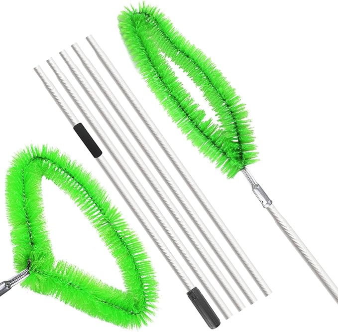19Ft Roof Rake Brush for Snow and Leaves, Gutter Cleaning Broom Tool, Spider Web Brush Cleaner for Shingles, Corrugated，High Ceiling,Porch,Outdoor Window Cob Web Remover - Lightweight Pole