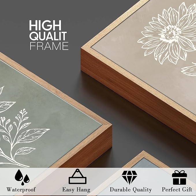 Anyzal Boho Floral Framed Wall Art 12x16 Inch Farmhouse botanical Canvas Wall Decor Modern Minimalist Plant Artwork for Living Room Bedroom Dining Room Set of 3