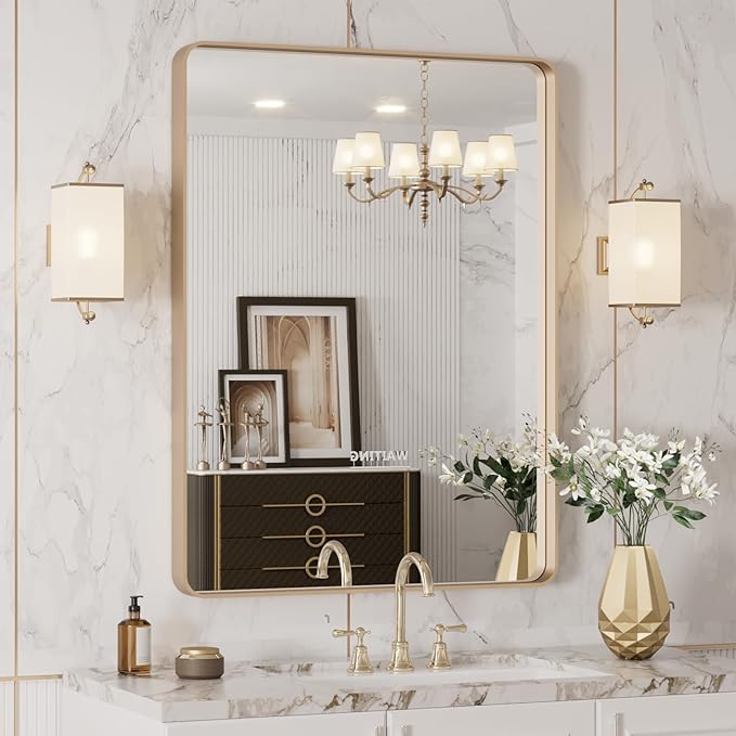 LOAAO 20”X30” Gold Bathroom Mirror, Rounded Rectangle Gold Frame Mirror
