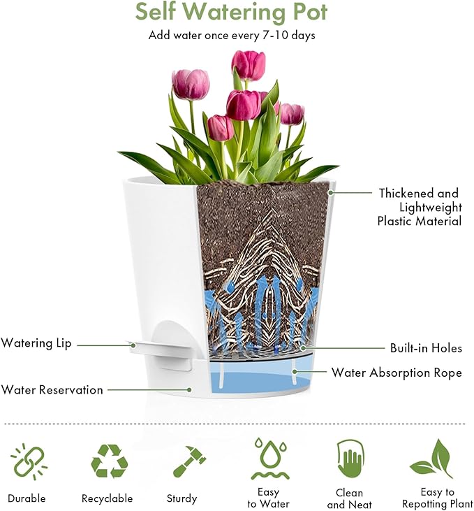 WSMKSZ 7/6.5/6/5.5/5/4 inch Self Watering Pots for Indoor Outdoor Plants, 6 Pack Plastic Flower Planters with Drainage Holes and Removable Saucers, Plant Pots with Wicking Rope, Modern Decor, White