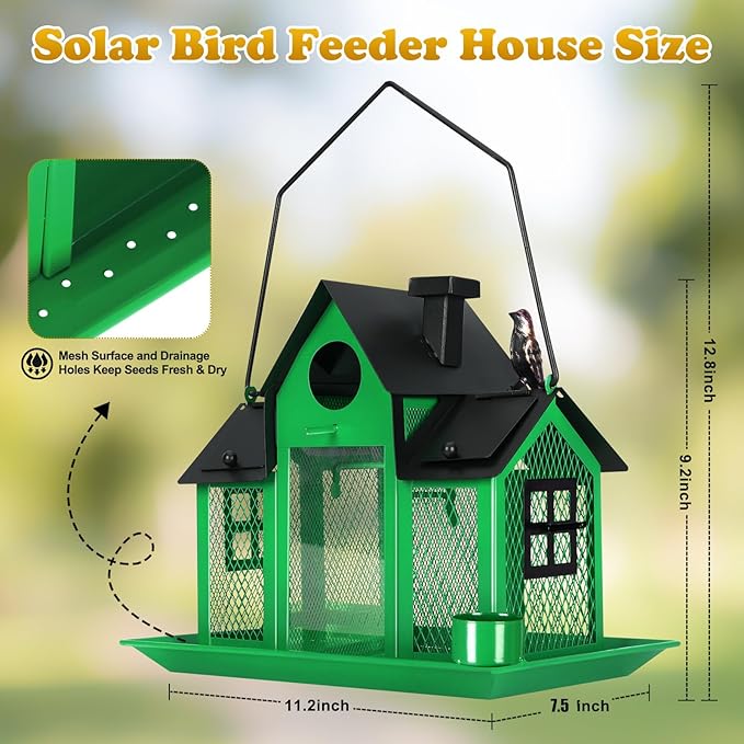 YYWMWM Solar Bird Feeders House for Outside Hanging, Metal Wild Bird Feeder for Outdoors, Large Cardinal Bird Feeder Birdhouses Green