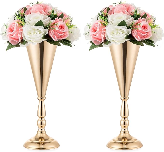 Gold Vase Centerpiece Table Decorations - 2 Pcs Metal Tabletop Flower Stand, Wedding Decorations for Reception, 14in Trumpet Tall Flower Vase for Birthday, Weddings, Anniversary Ceremony, Home Decor