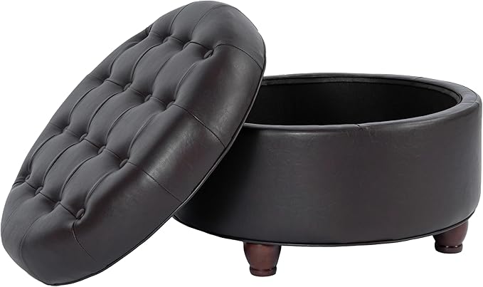 Homepop Home Decor | Button Tufted Faux Leather Round Storage Ottoman | Ottoman with Storage for Living Room & Bedroom (Distressed Brown)
