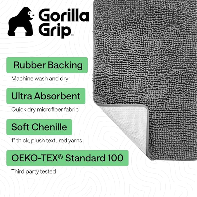GORILLA GRIP Bath Rug Mat 70x24, Thick Soft Absorbent Chenille, Quick Dry Microfiber Mats, Rubber Backing Washable Shower Floor Rugs, Bathmat Runner, US Designed Bathroom Home Decor Accessories Grey