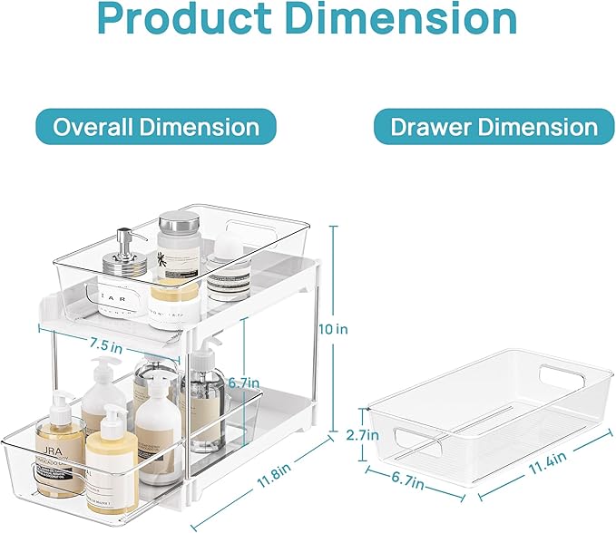 Vtopmart 4 Pack Bathroom Organizer, 2 Tier White Under Sink Organizers Vanity Countertop Storage Container,Cabinet Drawers Bins, Pull-Out Organization with Track for Pantry, Kitchen