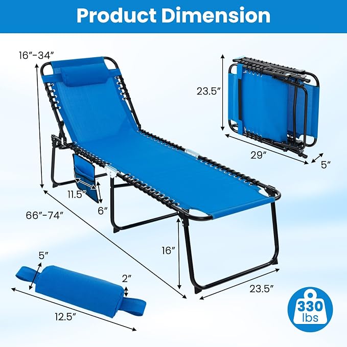 GYMAX Lounge Chairs for Outside, Extra High Folding Beach Tanning Lounger with Adjustable Backrest, Footrest & Removable Pillow, Sunbathing Lounge for Patio, Poolside (1, Navy with Pocket)