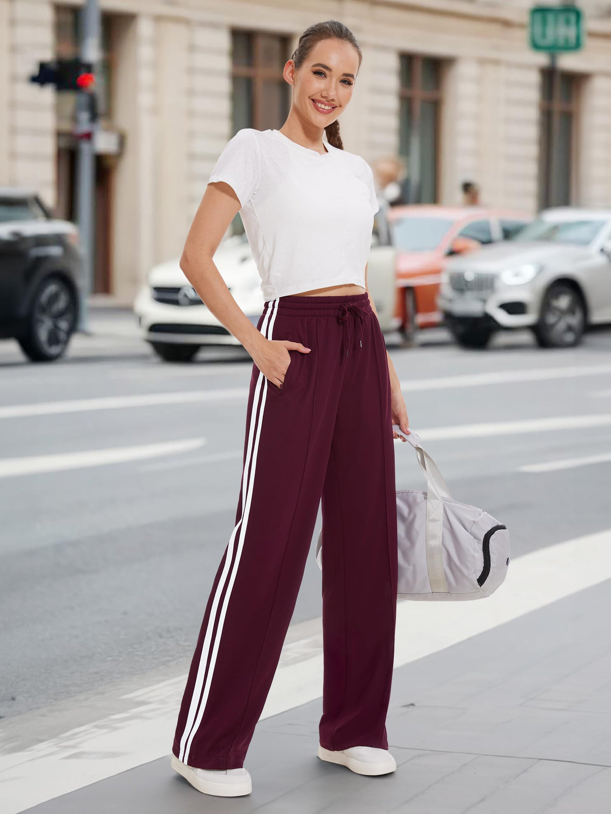 Tapata Women's 28" Inseam Petite Track Pants Loose Straight Leg Jogging Sweatpants Warm-Up Sports Athletic Running, Burgundy, S