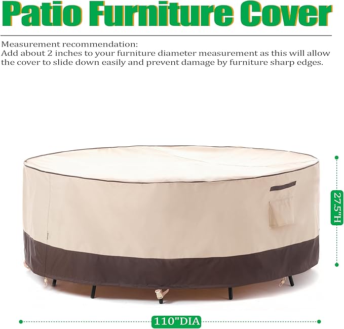 F&J Outdoors Patio Furniture Covers Waterproof UV Resistant Rip-stop Fabric Large Outdoor Furniture Covers, 110" Dia x 27.5" H
