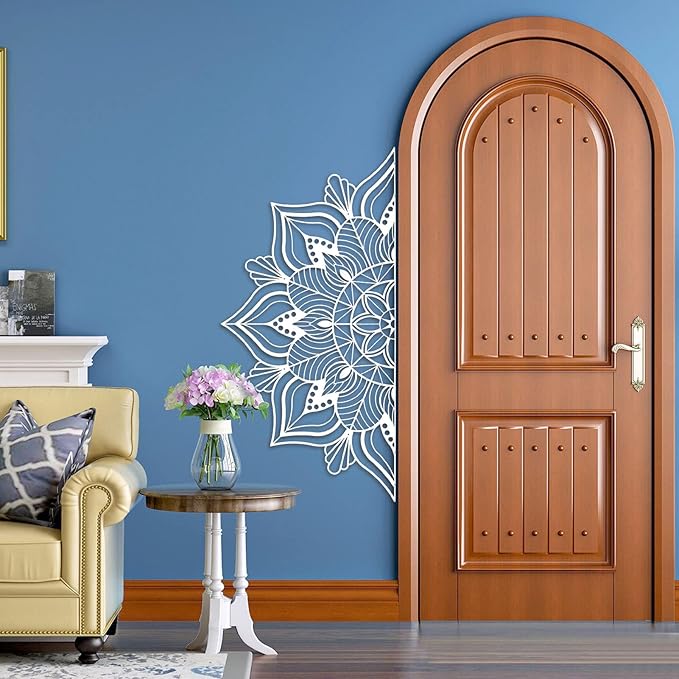 ESTART Large Metal Mandala Wall Decor, Unique Lotus Flower Wall Art for Home Room Bedroom Office Indoor Outdoor Decoration (White)