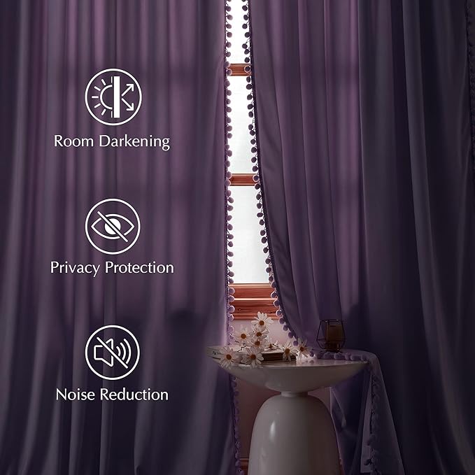 NICETOWN Lilac Purple Pom Pom Velvet Curtains 84 Inch Length