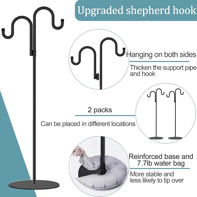 2 Set Shepherd's Hook Stand Plant，Bird Feeder，Wind Chime Hanger Stand, Waterproof Metal & Adjustable-Height Standing Pole Holder for Lantern and Wreath, Indoor & Outdoor