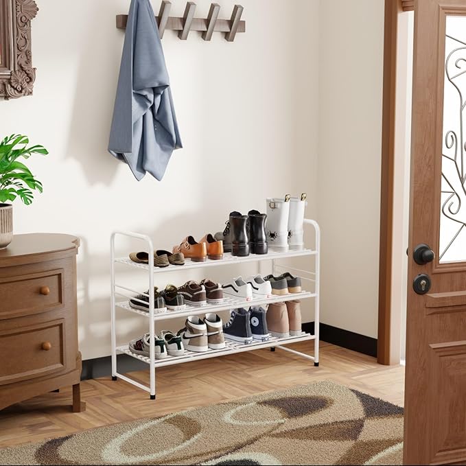 SUFAUY 3-Tier 33" Wide Shoe Rack, Closet Metal Shoe Rack Organizer Heavy Duty, Stackable, White