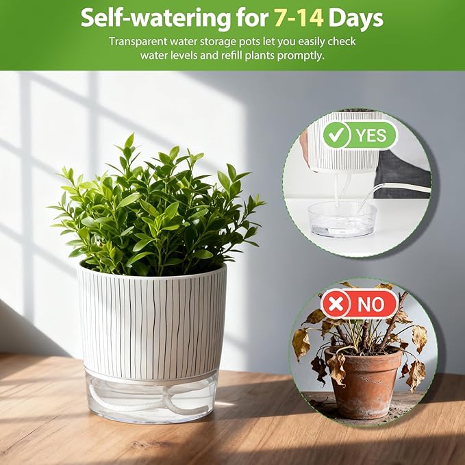 6 Pack Self Watering Pots for Indoor Plants, 4+5.5+6.3 Inch Self Watering Plant Pots Set, Flower Pots with Wick Rope and Reservoir for African Violet, Spider Plant, Orchid