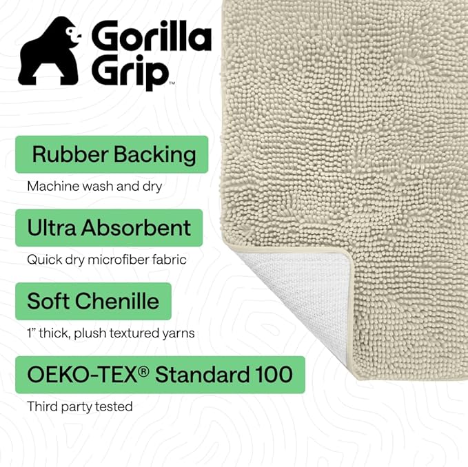 GORILLA GRIP Bath Rug Mat 48x24, Thick Absorbent Chenille, Quick Dry Microfiber Mats, Rubber Backing Washable Shower Floor Rugs, Bathmat Runner, US Designed Bathroom Home Decor Accessories Dusty Cloud