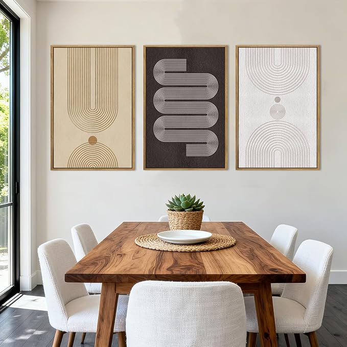 Anyzal Large Abstract Framed Wall Art 16x24 Inch Black Tan Neutral Canvas Wall Decor Modern Minimalist Geometric Line Artwork for Living Room Bedroom Set of 3