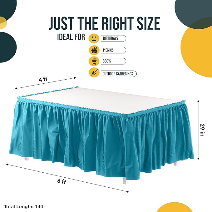 Exquisite Ruffle Table Skirt Turquoise 2 Pack 14 Ft Long Table Skirts for Rectangle Tables 6ft Plus or Round Tables Skirts with Adhesive Strip for Gender Reveal Decor & Happy Birthday Parties
