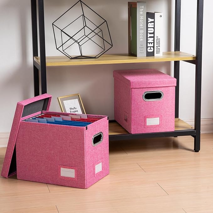 PRANDOM File Organizer Box - Set of 4 Collapsible Decorative Linen Filing Storage Hanging File Folders with Lids Office Cabinet Letter Size Pink (14x9.3x10.8 inch)