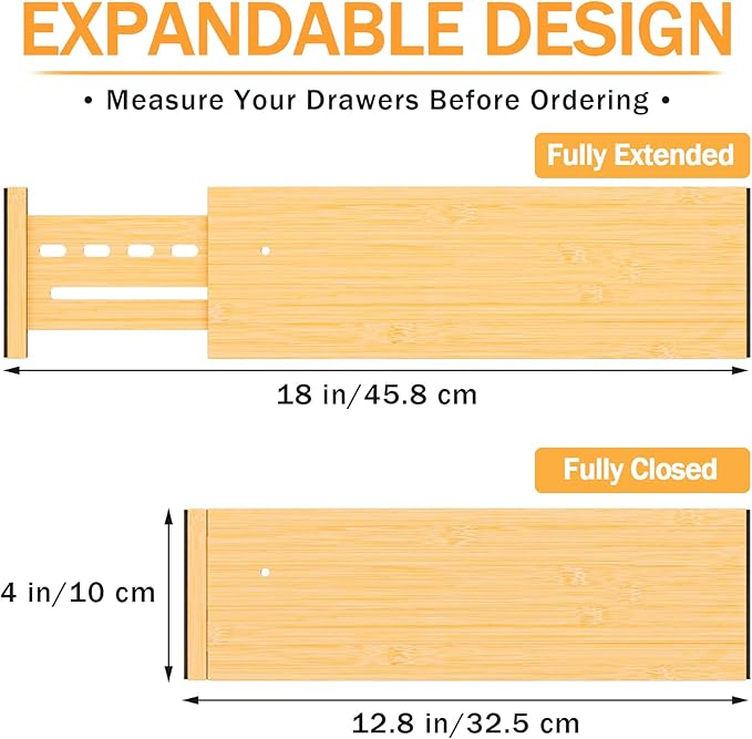 Bamboo Drawer Dividers 4" High, 12.8-18" Adjustable Drawer Organizers for Clothes,Expandable Dresser Separators in Bedroom/Kitchen/Bathroom/Office Organization and Storage,4 Pack