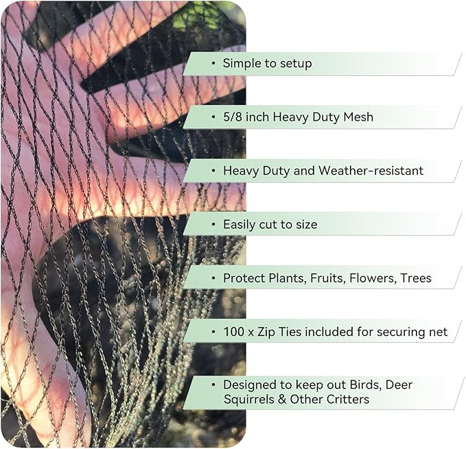 Bird Netting for Garden 10x30 Ft, 1/2 Inch Mesh Heavy Duty Garden Netting for Plants, Fruit Trees & Blueberries, UV Resistant Outdoor Protection Against Birds, Squirrels, Deer & Poultry