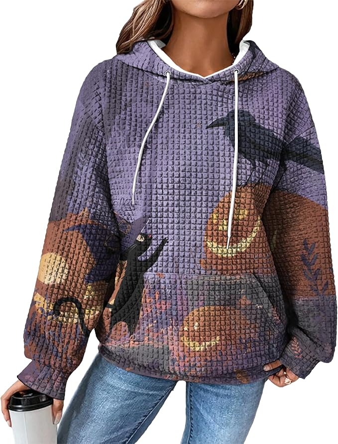 Halloween Sweatshirts for Women Novelty Graphic Drawstring Waffle Hoodies Loose Casual Pullover Tops with Pocket