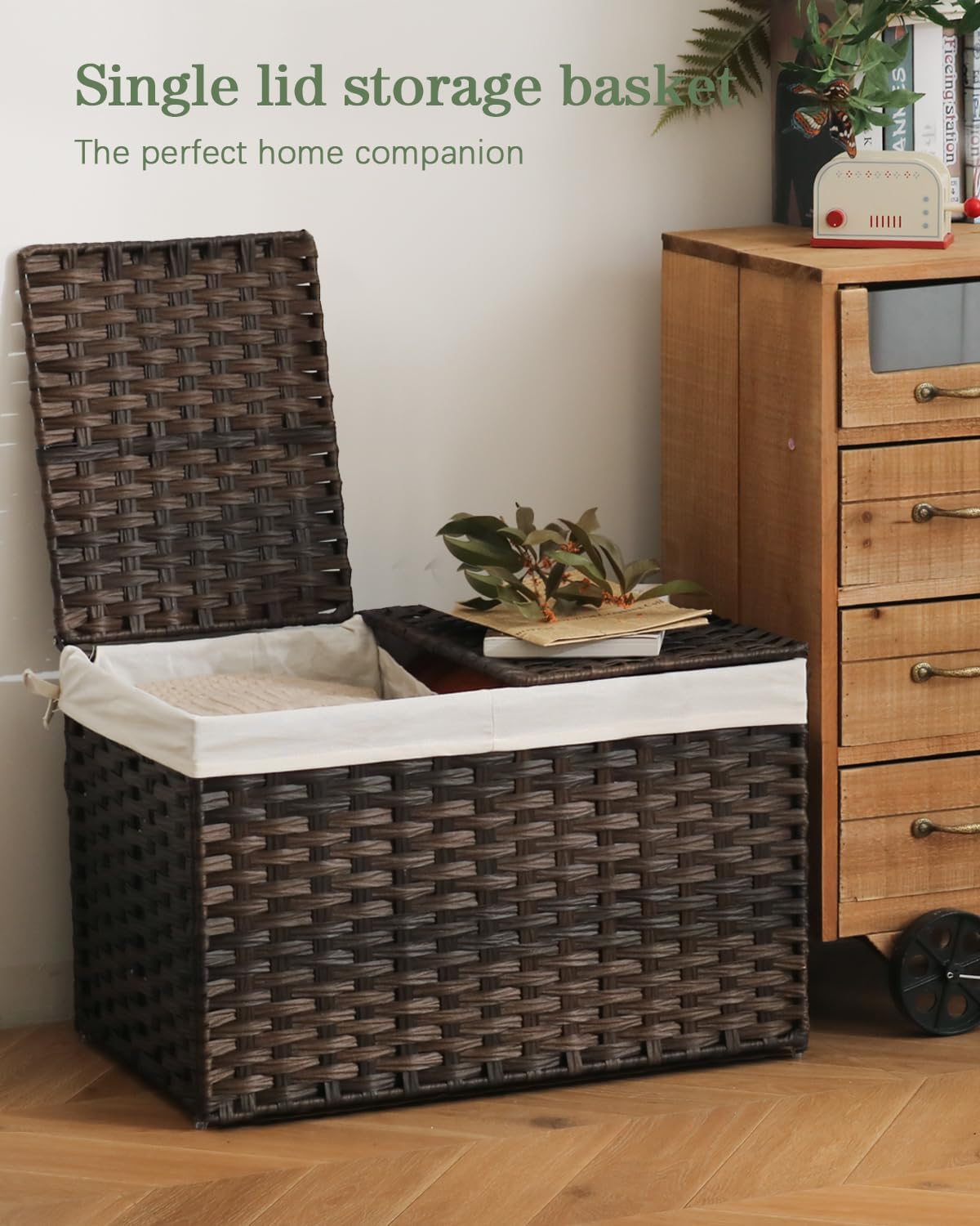 Storage Basket with Lid Rattan Storage Basket with 2 Separate Lid, 27.8 Gallon (105 L) 25.2 * 15.4 * 16.1 Inches Woven Wicker Baskets with 2 Liners and Handles for Bedroom Laundry-Brown