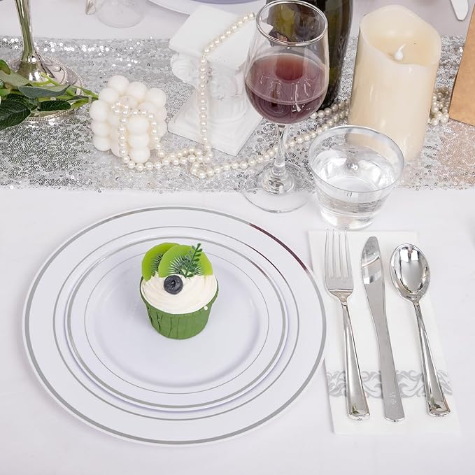 175Pcs Silver Plastic Dinnerware Set, Plastic Plates Disposable for 25 Guests Include:25 Dinner Plates, 25 Dessert Plates, 25 Paper Napkins, 25 Cups, 25 Silver Plastic Silverware Set