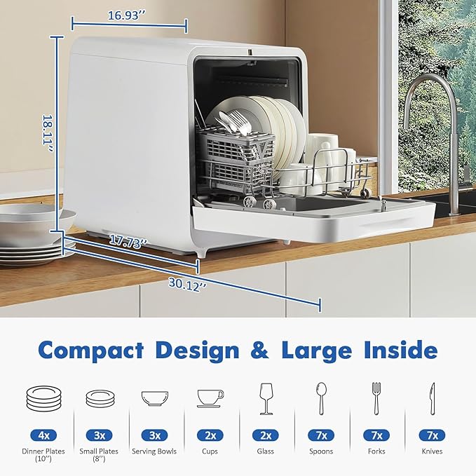 Dishwasher Countertop Compact Portable Dishwasher with 6 Washing Programs 5.3L Water Tank Hot Air-Dry Function 24H Delayed Start Function LED Light