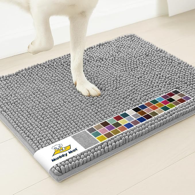Muddy Mat® | Super Water Absorbent Door Mat Indoor, Microfiber Quick Dry Chenille Entryway Rug, Slip Resistant Front Door Mat, Indoor Mats for Entryway, Machine Washable Pet Rug, Light Grey 24" x 72"