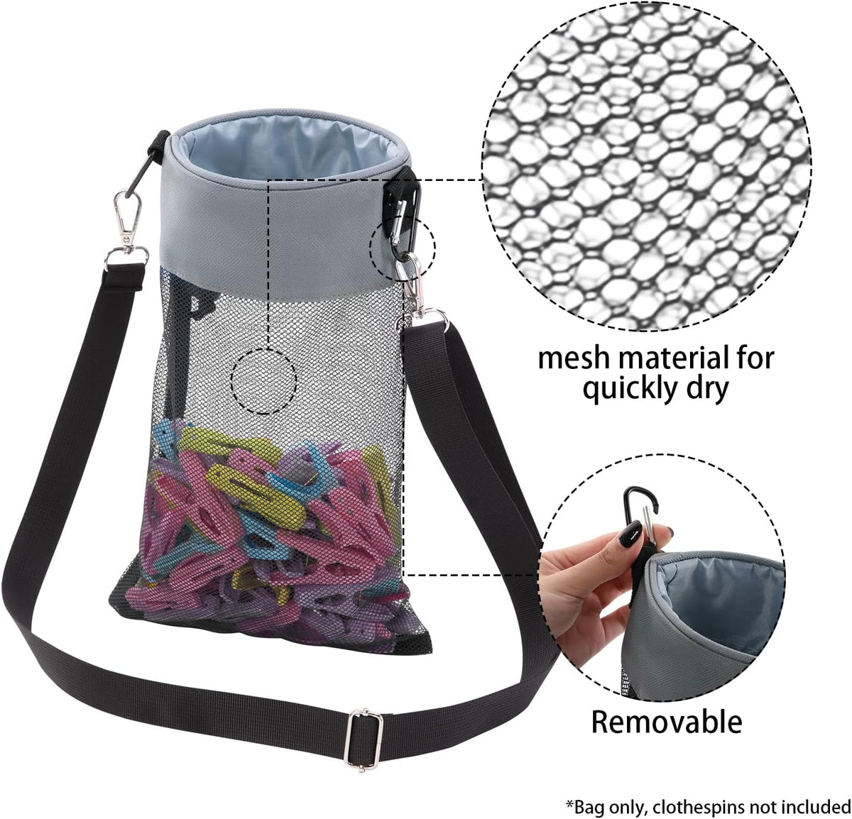 Mesh Clothespin Bag with Hooks Hanging Clothes Pin Bag with Drawstring Closure Clothespin Holder, Ventilation and Moisture Resistance, Storage Organizer, Machine Washable （Gray）