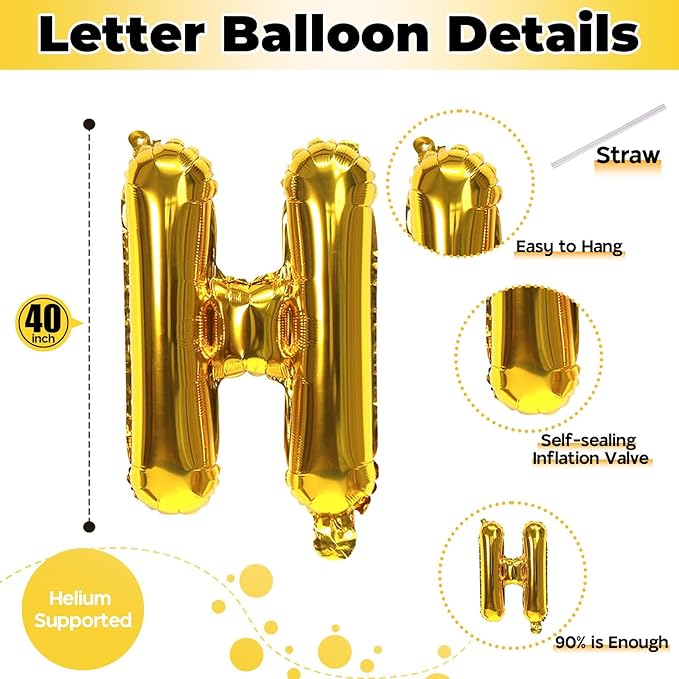 Giant H Alphabet Balloon Letters, Gold Self Inflating Custom Letter Balloons Birthday Decor, 40 Inch Helium Mylar Foil Name Word Balloons for Girls Men Anniversary Party Graduation Decoration Supplies
