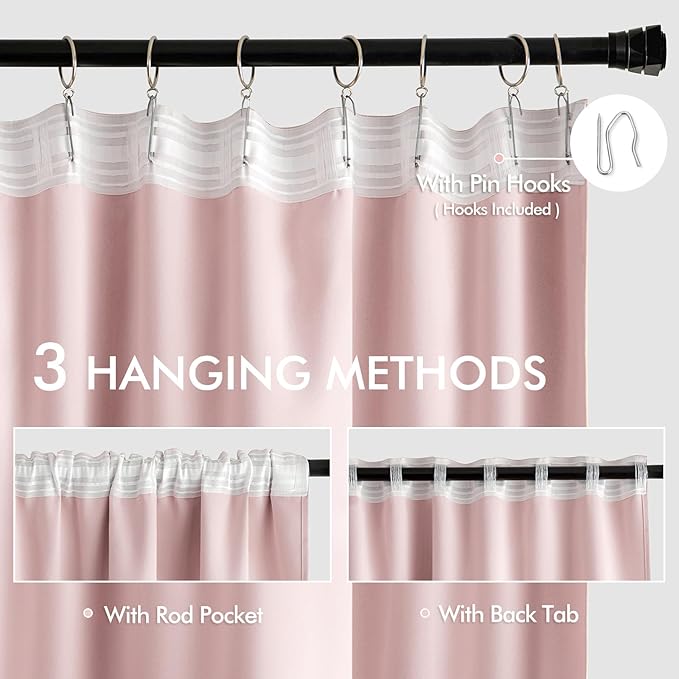 MIULEE Baby Pink Back Tab Blackout Curtains 63 Inch Length 2 Panels Set
