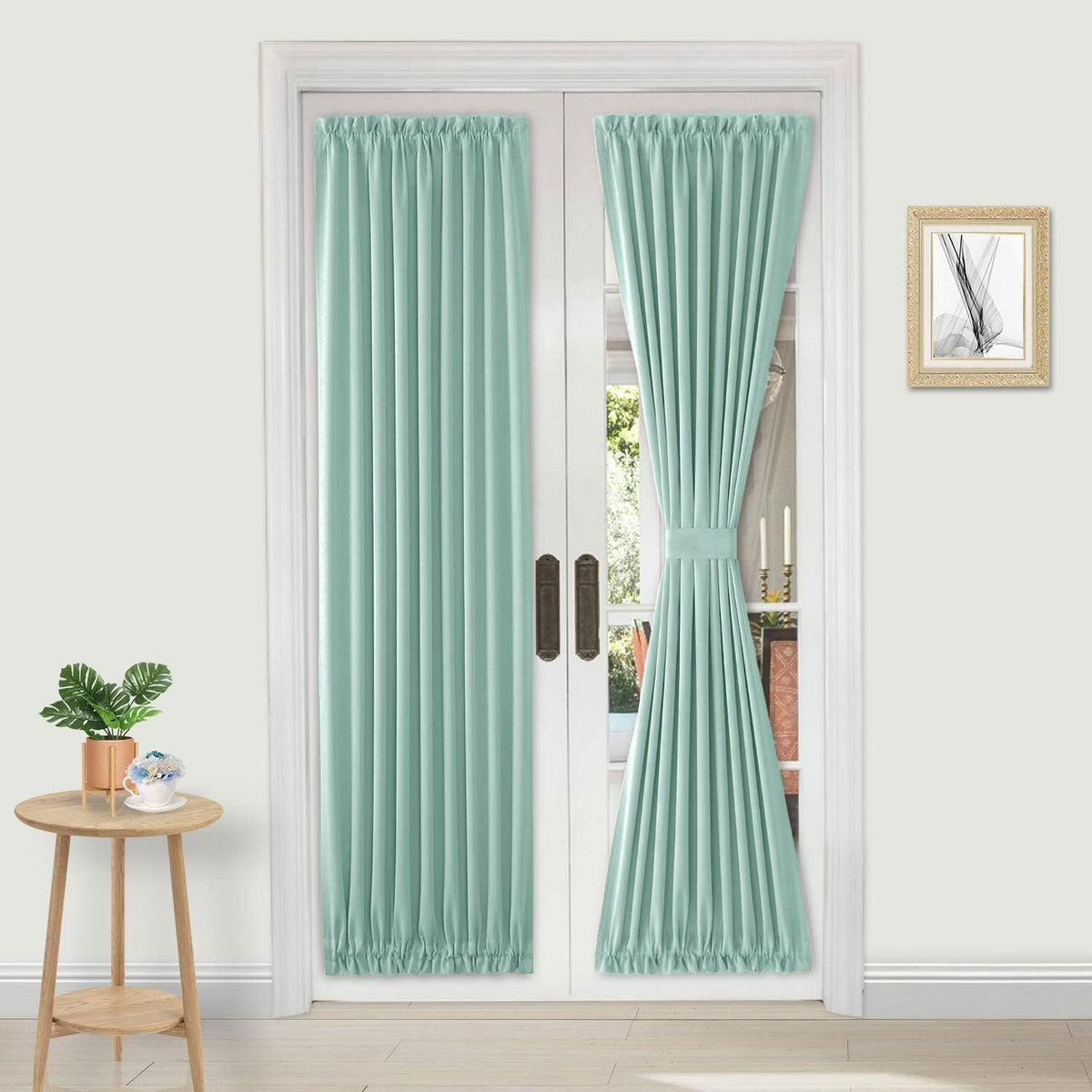 DWCN French Door Curtains – Rod Pocket Thermal Blackout Curtain for Window/Patio Doors/Doorways/Classroom/Kitchen for Privacy, 36W by 72L Inches, 1 Panel with Tieback, Mint Green