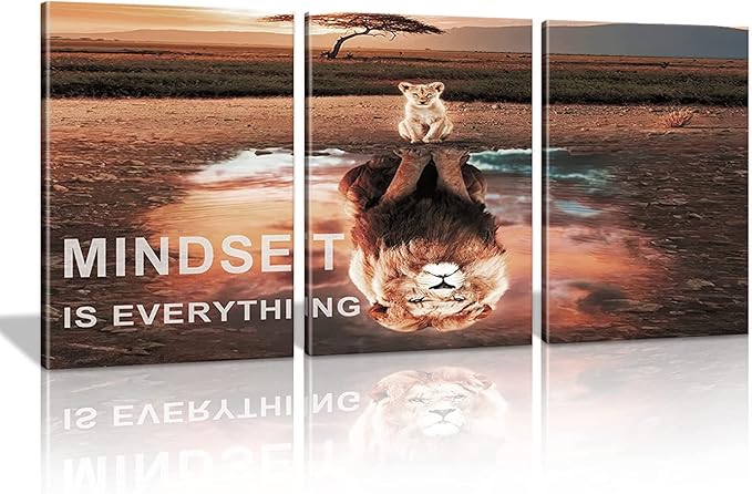KAWAHONE Motivational Lion King Mindset Wall Art Gold, Success Cat Reflect Lion