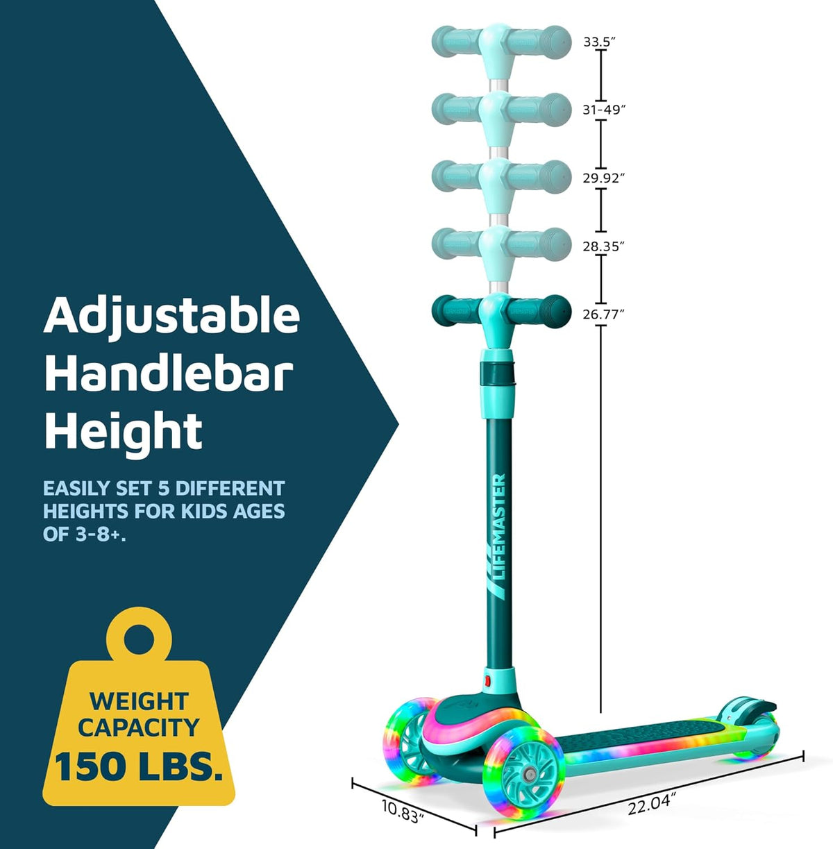 Skiennix 3-Wheel Kids Scooter - Multi-Color Lights, Adjustable Handlebar, Anti-Slip Deck | Ages 3+, Supports 150 lbs